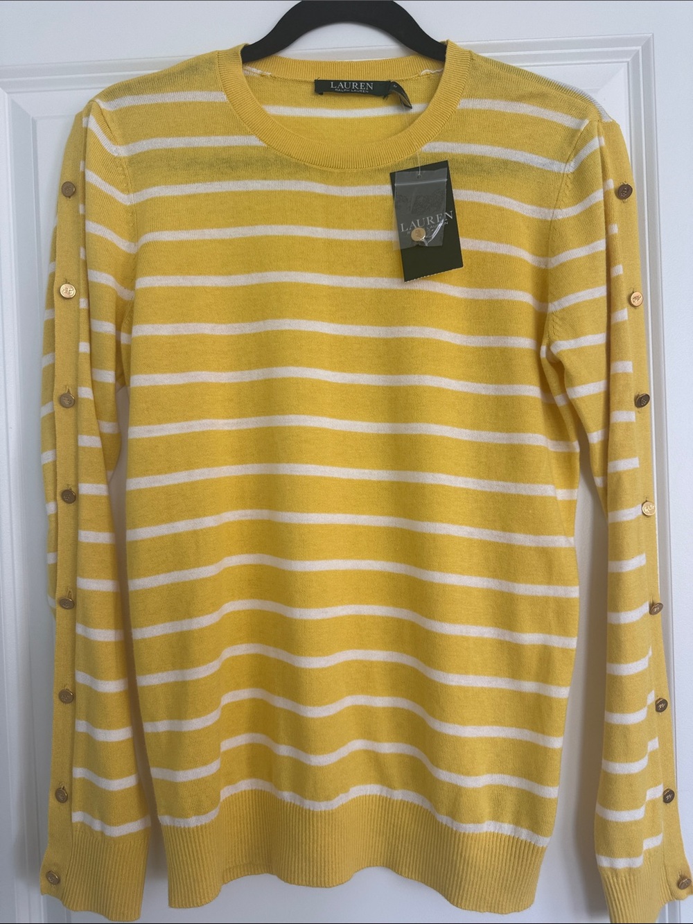 Lauren Ralph Lauren Yellow & White Striped Button-Sleeve Crew Sweater